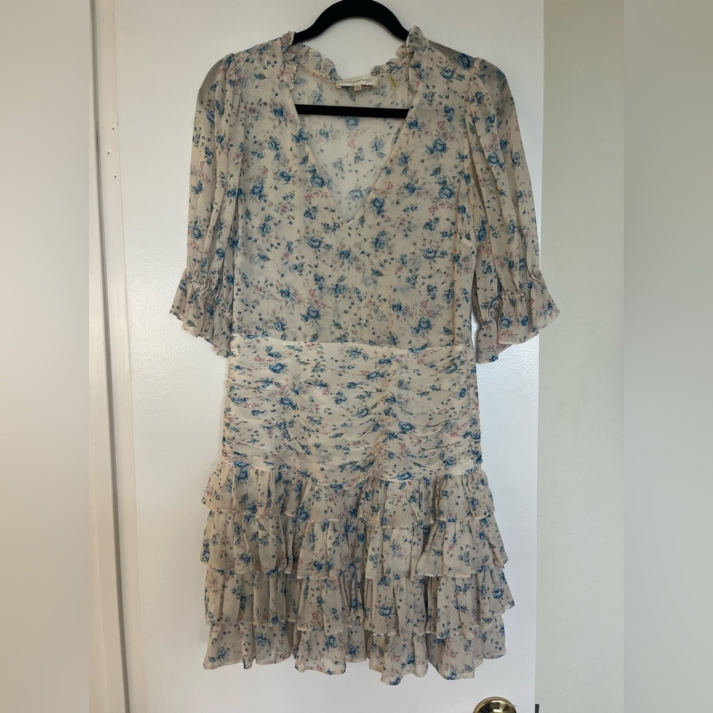 LoveShackFancy Hannah Blue Floral Puff Sleeve Dress